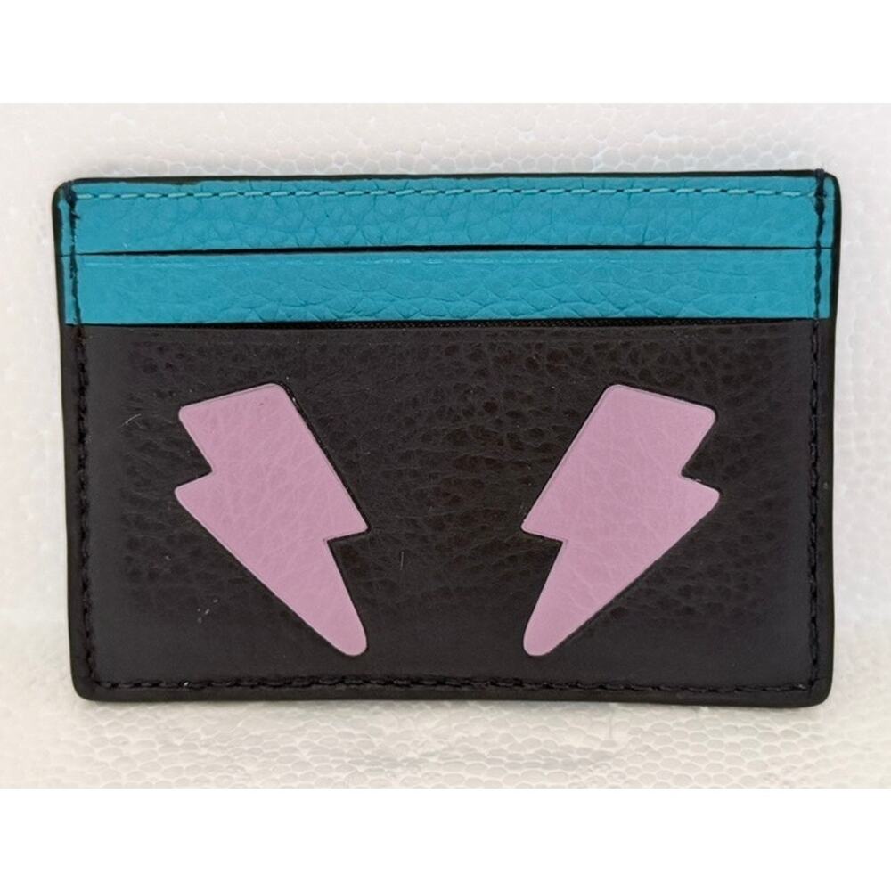 Coach Lightning Bolt Flat Card Case ID Wallet Pebbled Leather Black Purple Funky